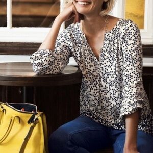 Boden Maya Popover Boho Peasant Top Contrast Dots Split Neck White & Navy Sz 10